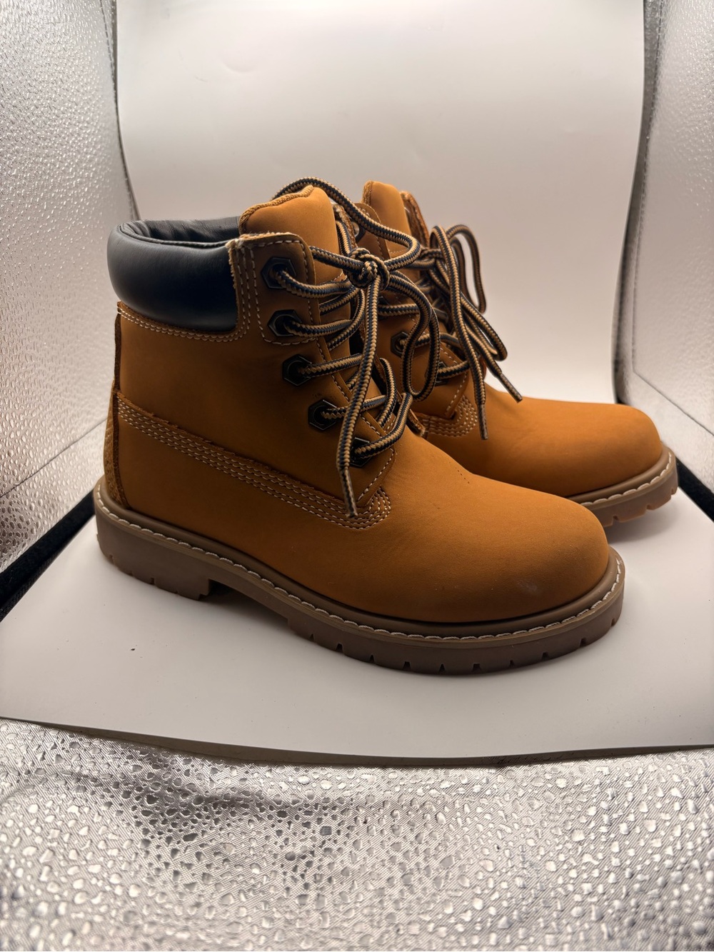 Kids Lace-Up Work Boots in Wheat with Padded Black Collar